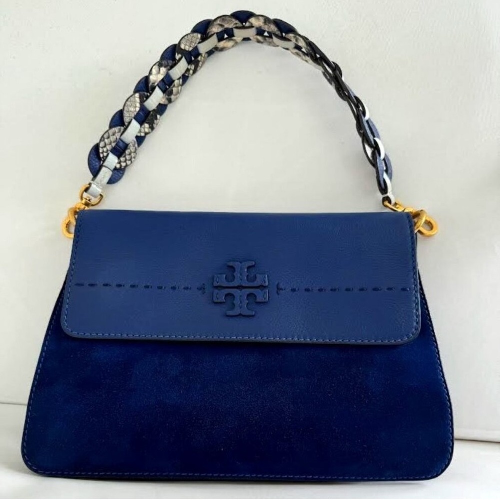 Suede Tory Burch Navy Shoulder Bag with Braided Handle